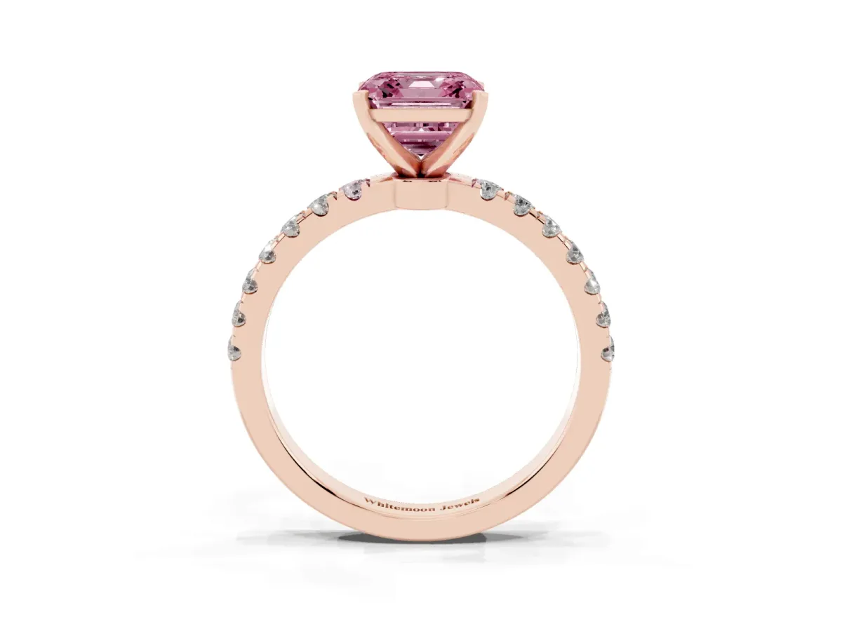 Fancy Pink Asscher Cut Diamond Solitaire Ring with Pavé Accents and Four-Prong Setting Rose gold