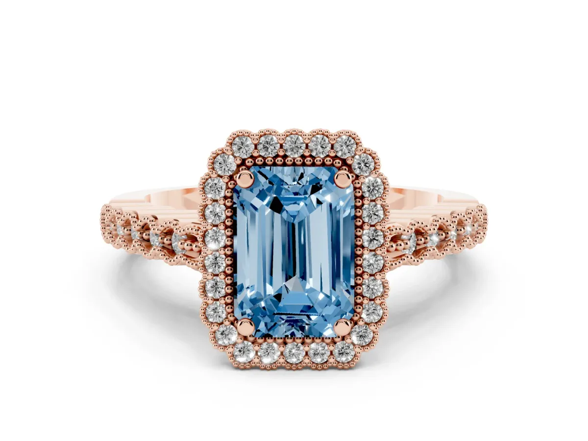 Fancy Blue Emerald Cut Cut Halo Pavé Solitaire Ring with Milgrain Band Rose gold