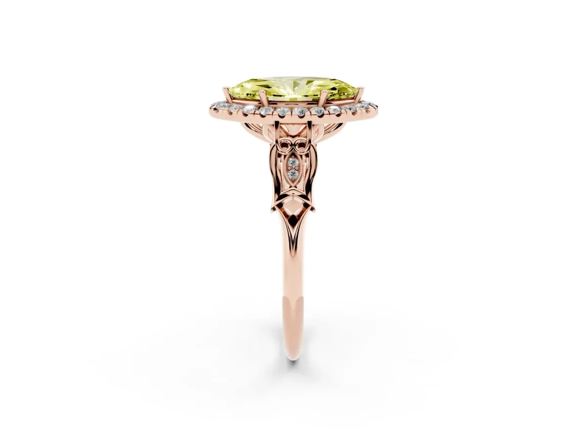 Fancy Yellow Marquise Cut Halo Diamond Engagement Ring with Filigree Band and Four-Prong Setting Rose gold