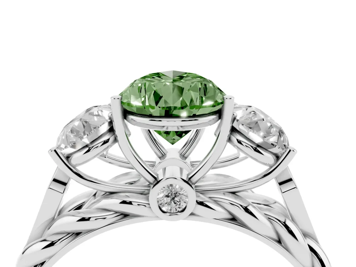Fancy Green Three-Stone Pear Cut Diamond Braided Band Ring with Four-Prong Setting Silver
