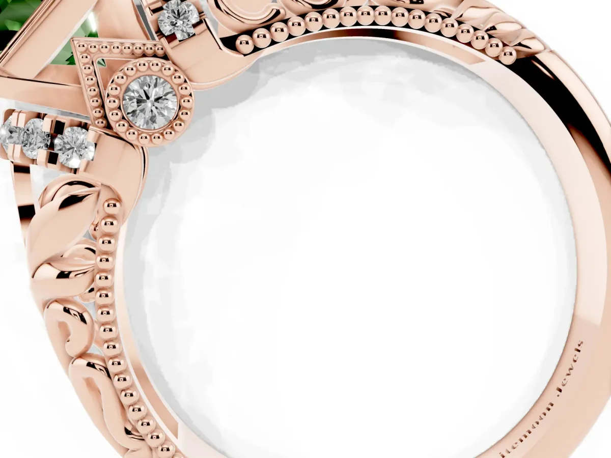Fancy Green Radiant Cut Solitaire Filigree Engagement Ring with Halo and Prong Setting Rose gold