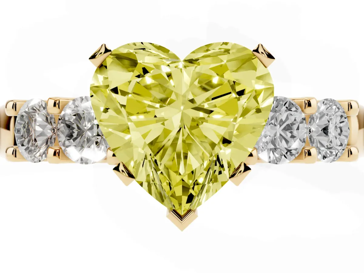 Fancy Yellow Heart Cut Brilliant Cut Diamond Five-Stone Prong Set Engagement Ring with Channel Band Yellow gold