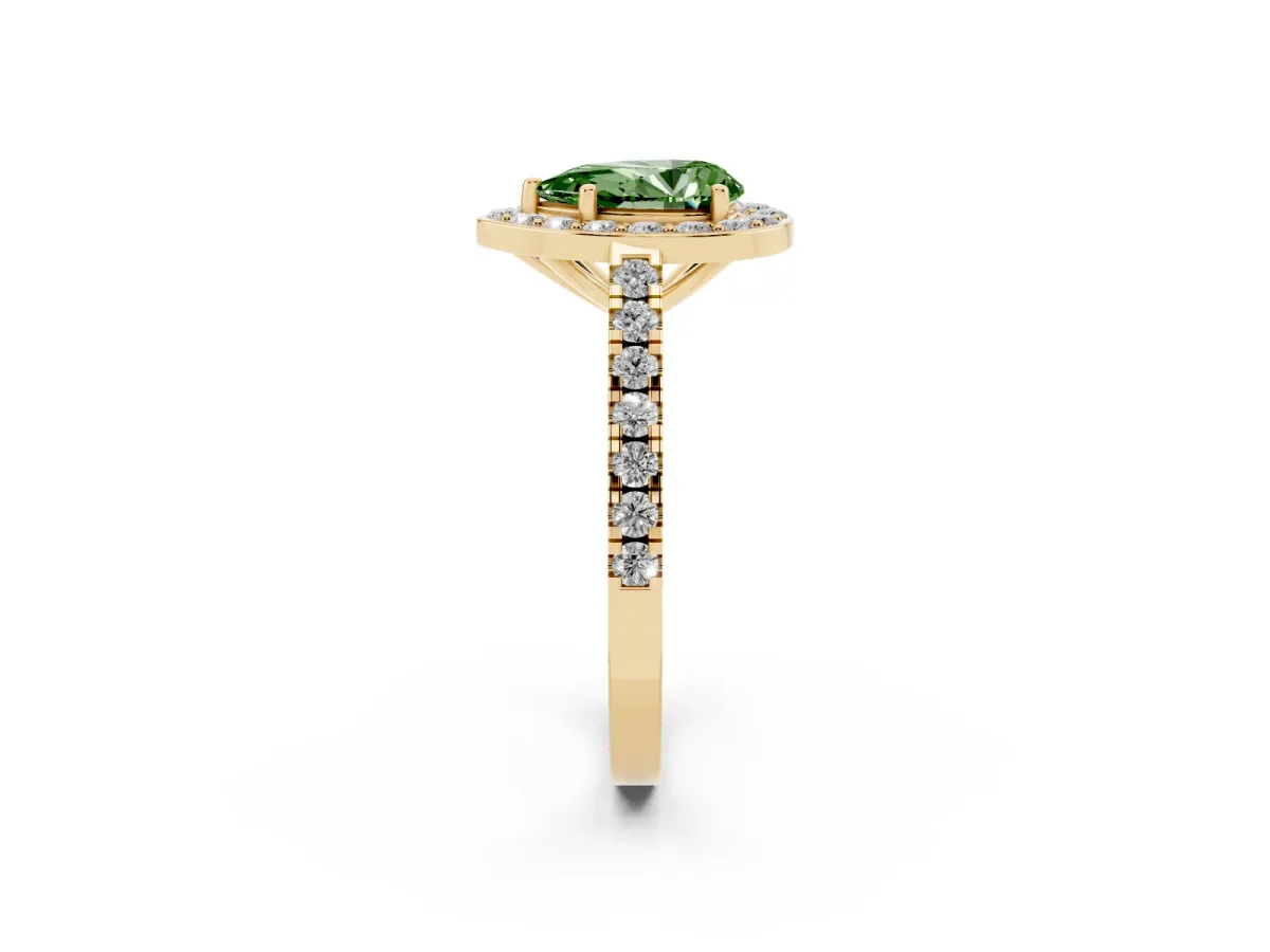 Fancy Green Pear Cut Diamond Halo Ring with Round Pavé Split Shank and Prong Setting Yellow gold