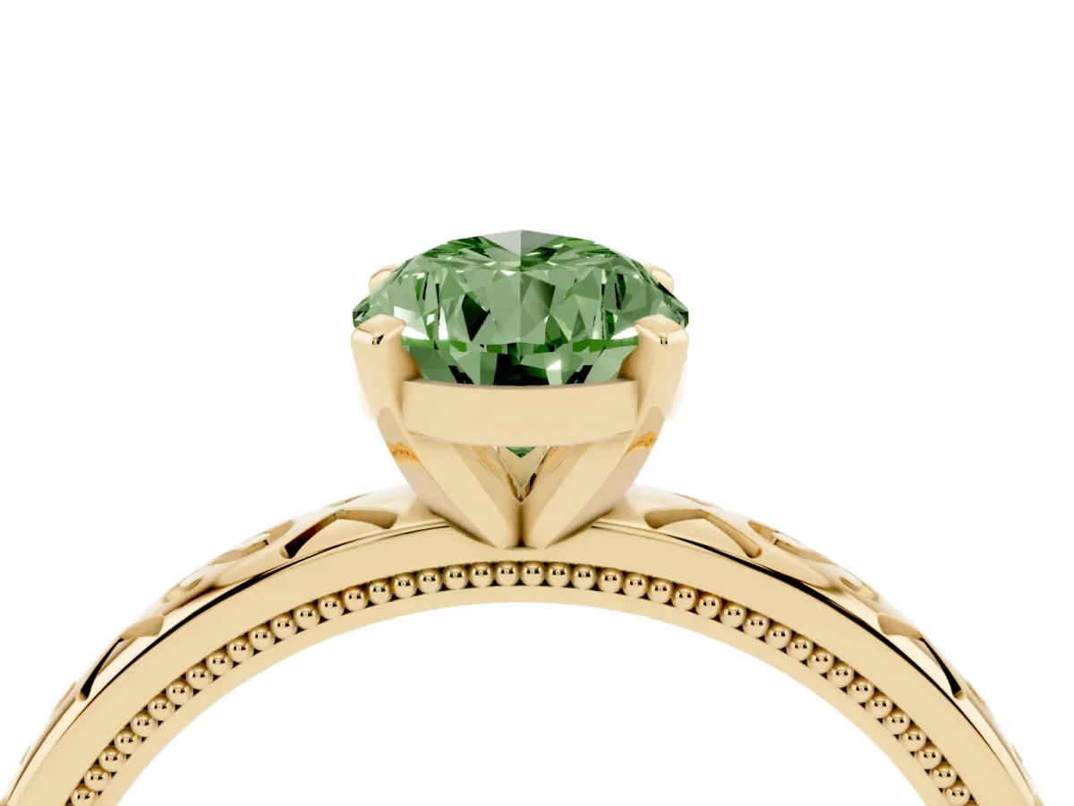Fancy Green Pear Cut Solitaire Engagement Ring with Scrollwork Band and Four-Prong Setting Yellow gold
