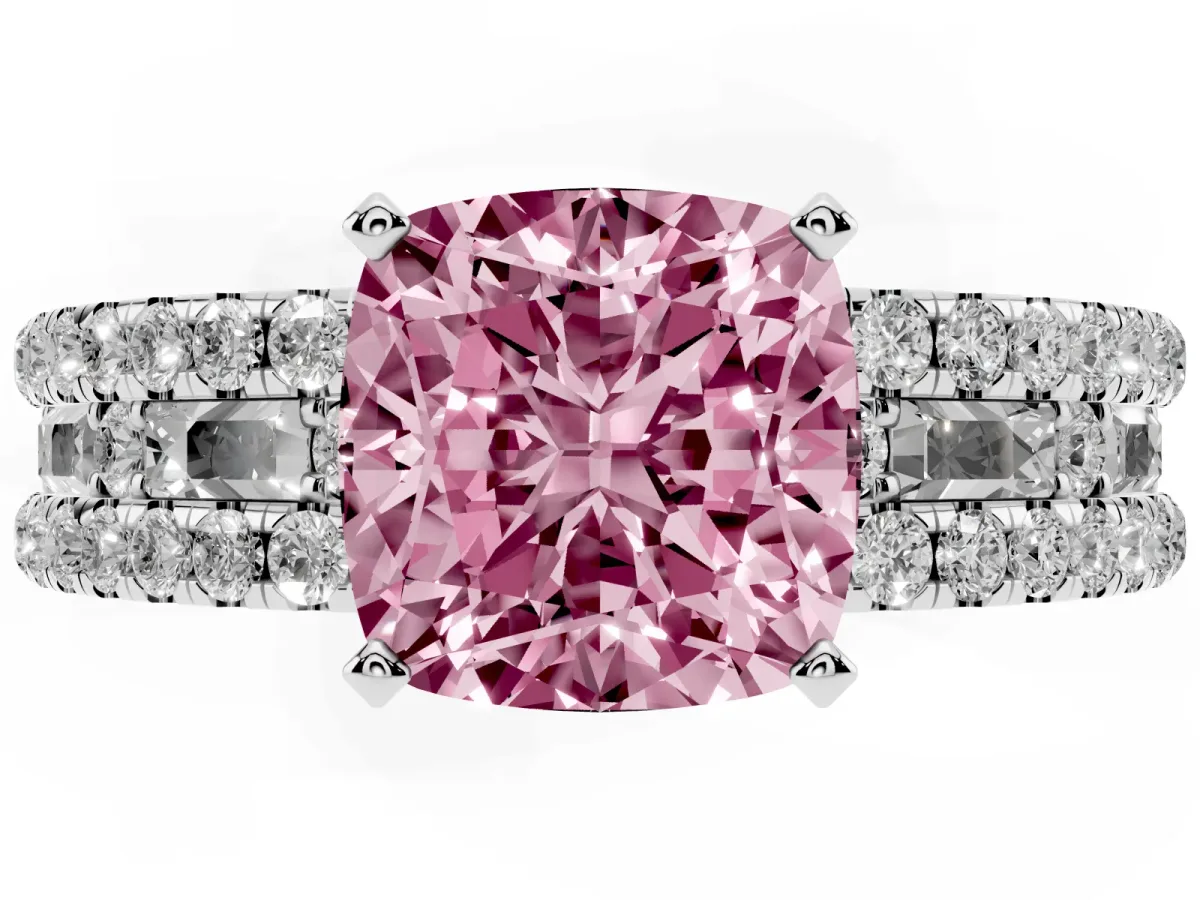 Fancy Pink Cushion Cut Diamond Solitaire Ring with Pavé and Channel Set Band Platinum