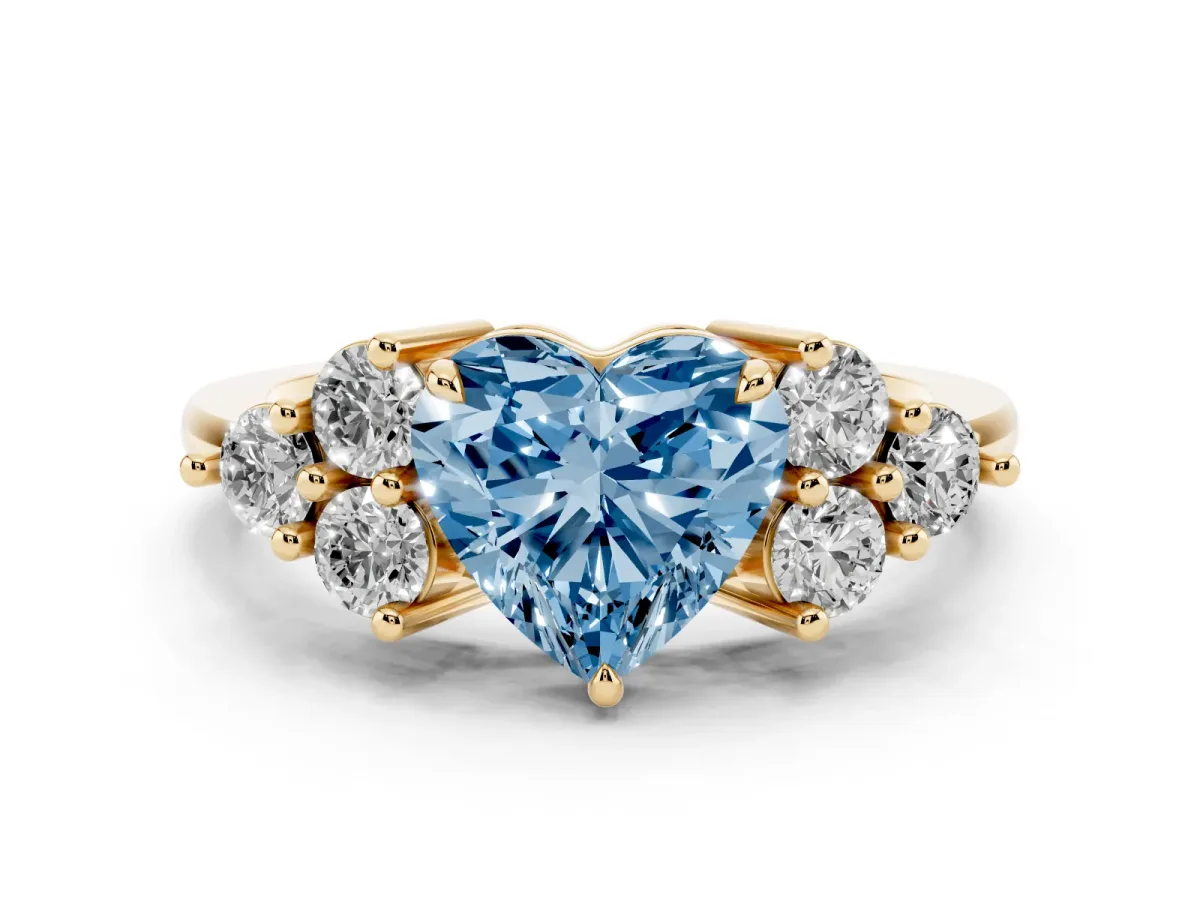 Fancy Blue Heart Cut Brilliant Diamond Cluster Accent Solitaire Ring with Prong Setting Yellow gold