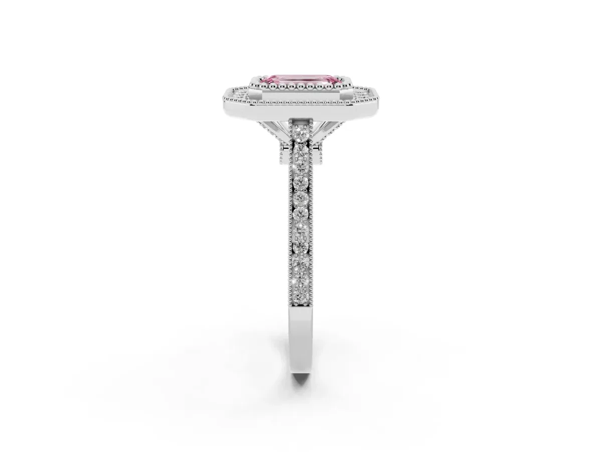 Fancy Pink Emerald Cut Diamond Halo Ring with Milgrain Frame and Pavé Band Silver