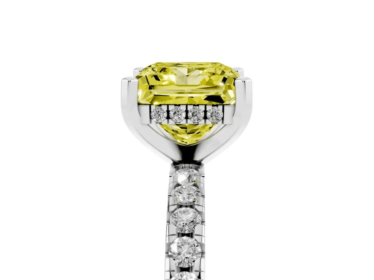 Fancy Yellow Princess Cut Diamond Solitaire Ring with Round Pavé Band and Four-Prong Setting Silver