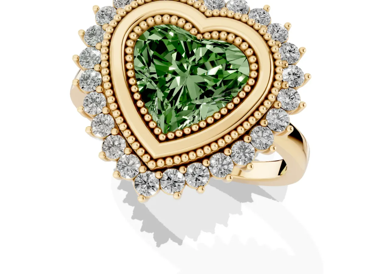 Fancy Green Heart Cut Halo Diamond Ring with Milgrain Edge and Round Prong Setting Yellow gold