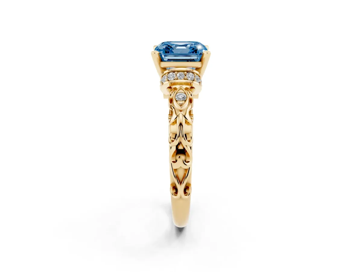 Fancy Blue Asscher Cut Diamond Solitaire Ring with Filigree Band and Four-Prong Setting Yellow gold