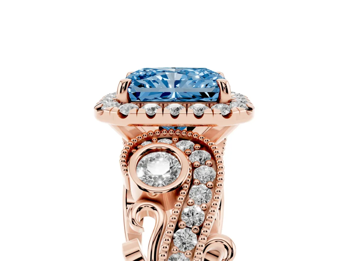Fancy Blue Radiant Cut Halo Diamond Ring with Milgrain and Bezel Accents on a Split Shank Band Rose gold