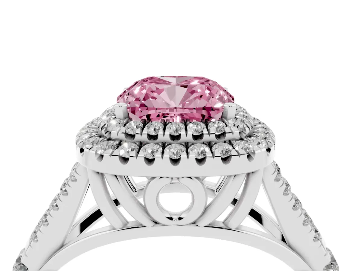 Fancy Pink Cushion Cut Diamond Pavé Split Shank Double Halo Engagement Ring Silver