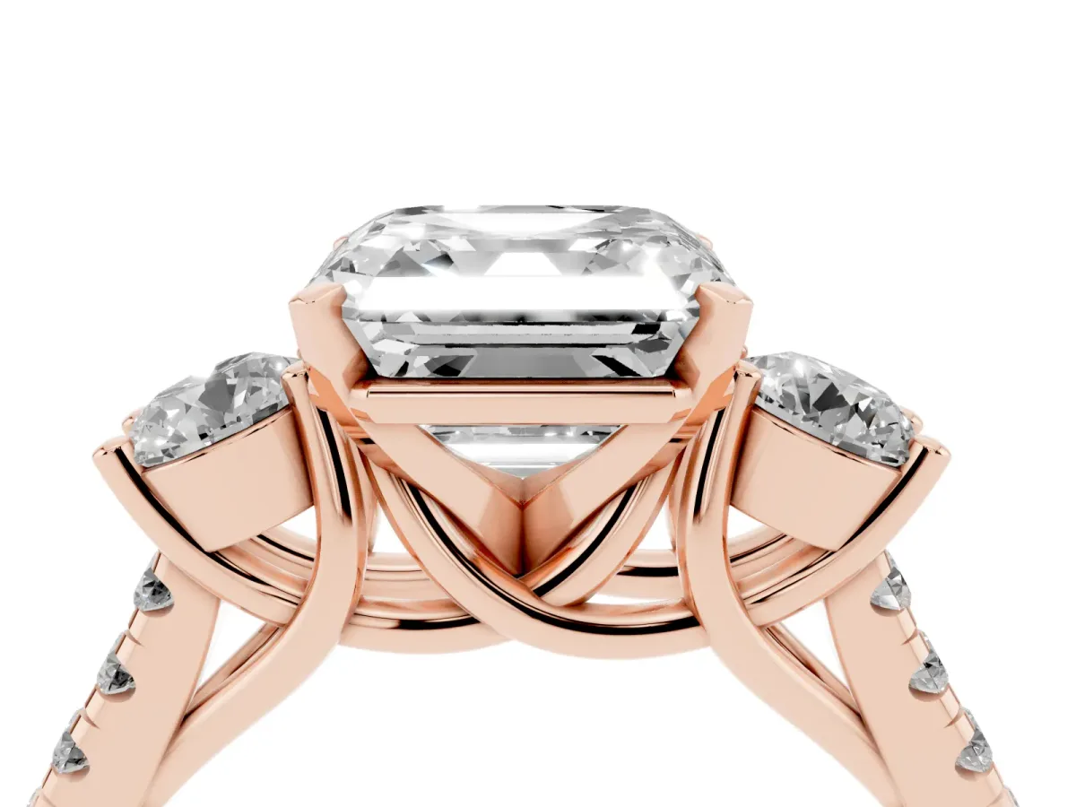 Three-Stone Asscher Cut Diamond Pavé Band with Four-Prong Setting Rose gold