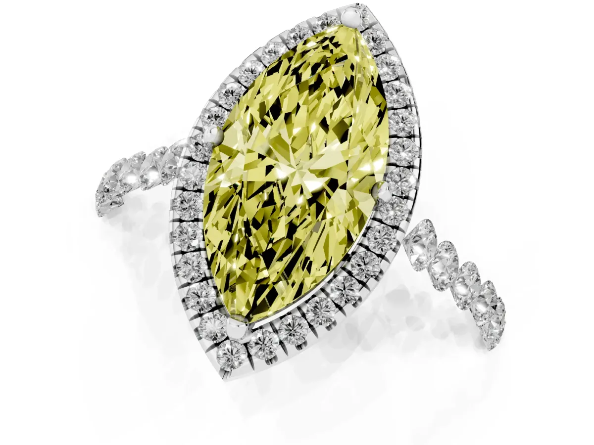 Fancy Yellow Marquise Cut Halo Pavé Diamond Engagement Ring with Four-Prong Setting Platinum