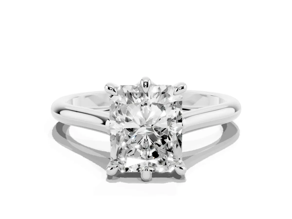 Radiant Cut Solitaire Engagement Ring with Six-Prong Setting and Classic Band Silver