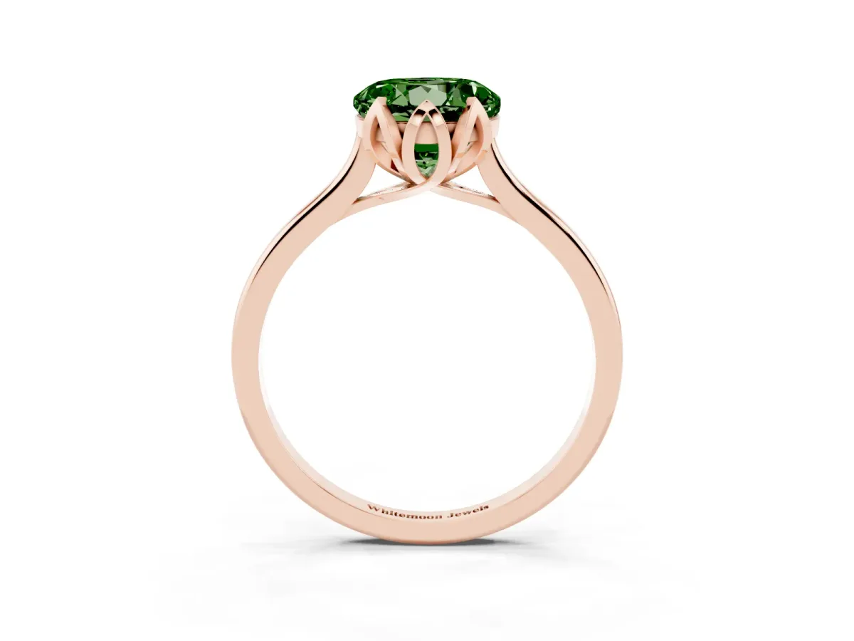 Fancy Green Round Cut Diamond Solitaire Ring with Flower Prong Setting and Classic Band Rose gold