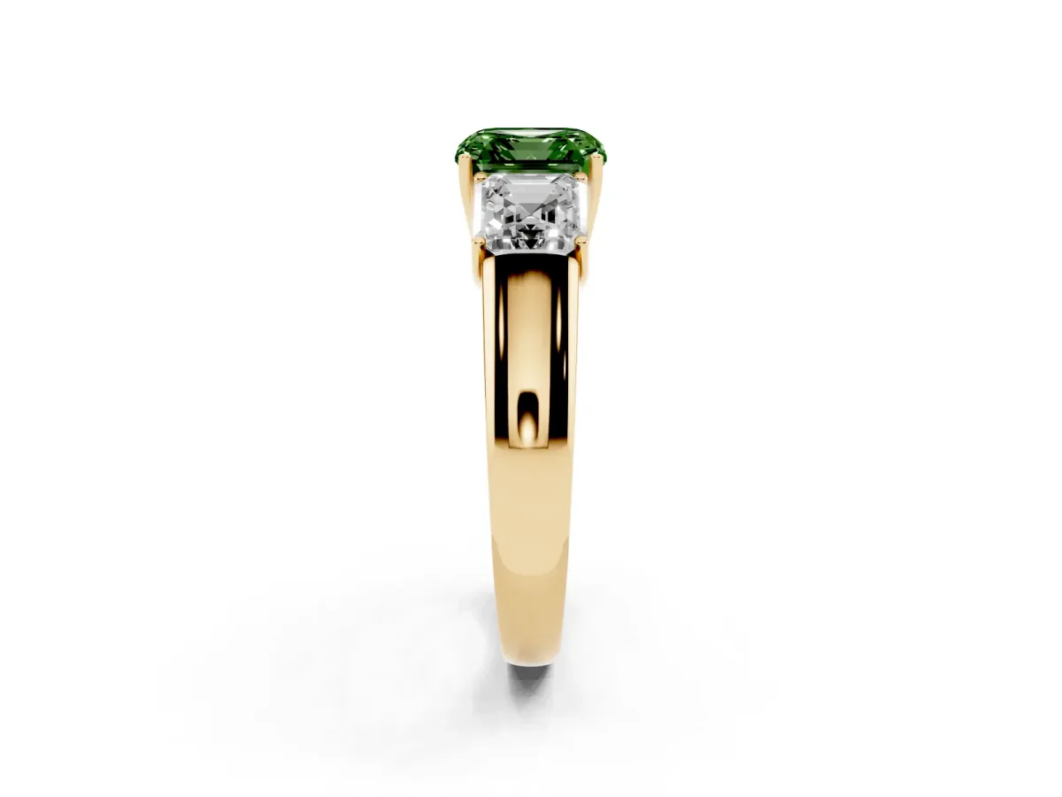 Fancy Green Three-Stone Asscher Cut Cut Diamond Ring with Prong Setting and Classic Band Yellow gold