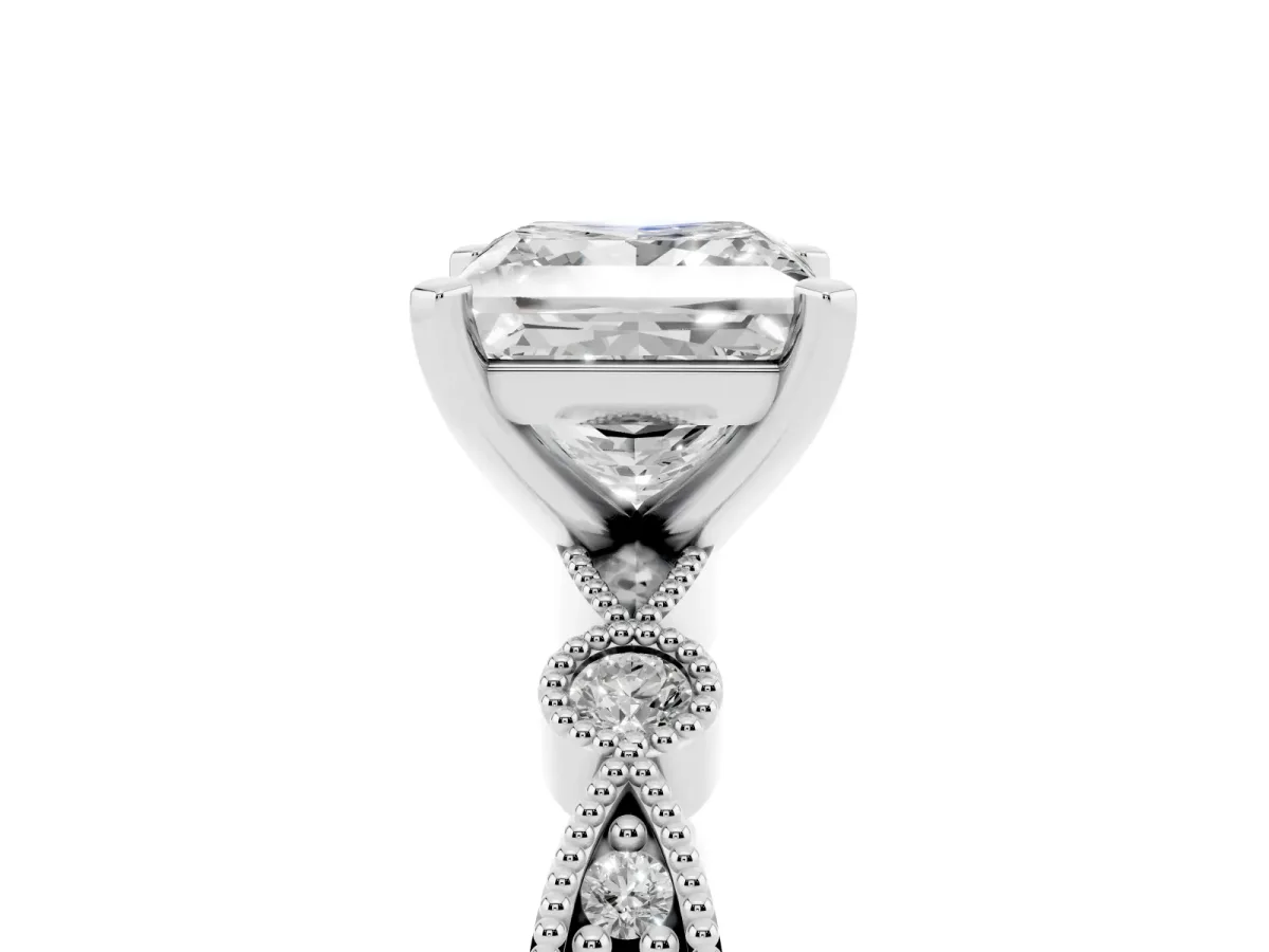 Princess Cut Milgrain Bezel Diamond Engagement Ring with Solitaire Prong Setting Silver