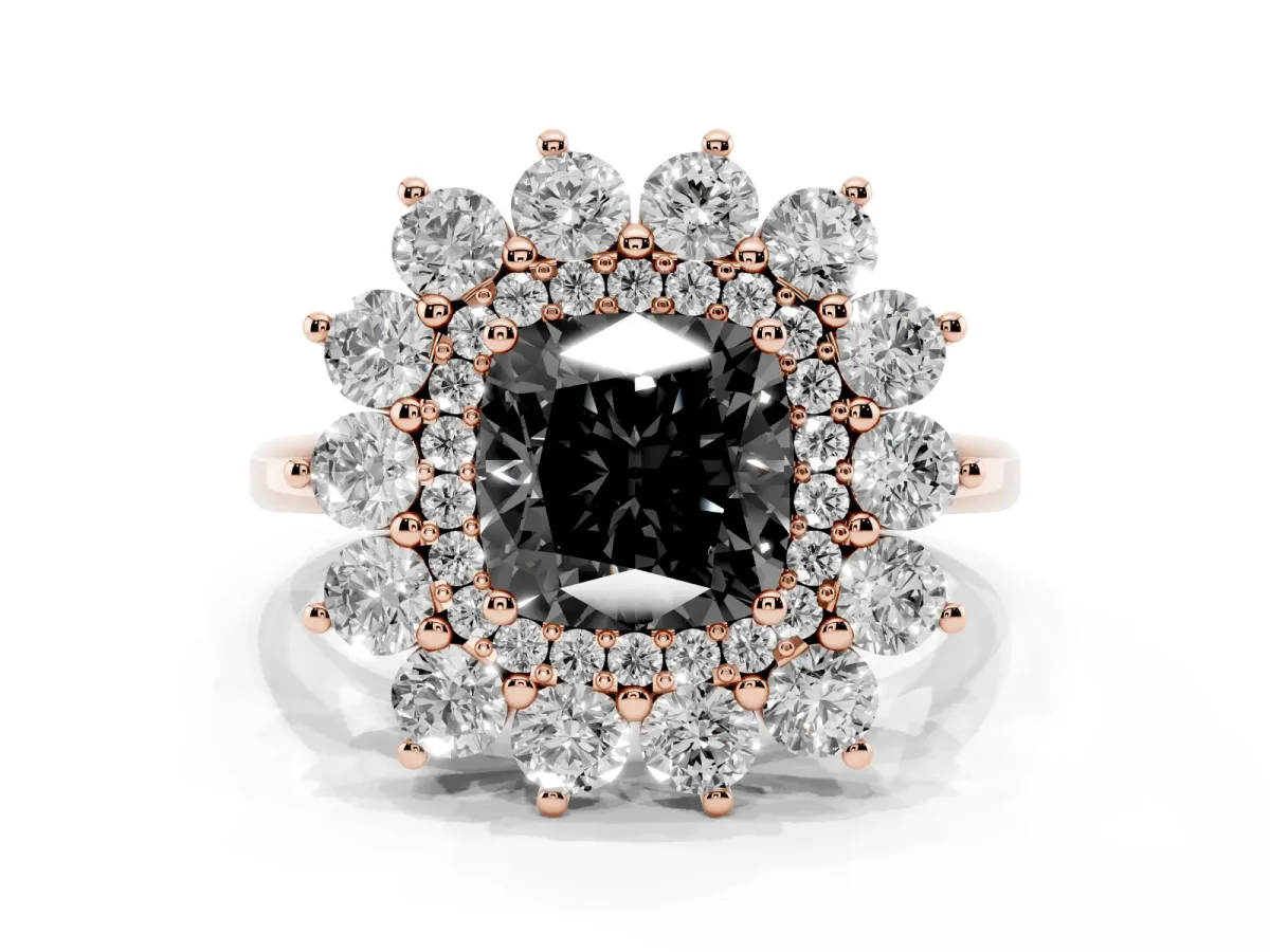 Fancy Black Cushion Cut Diamond Floral Double Halo Engagement Ring with Prong Setting Rose gold