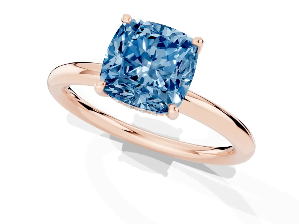 Fancy Blue Cushion Cut Diamond Solitaire Ring with Thin Band and Four-Prong Setting Rose gold