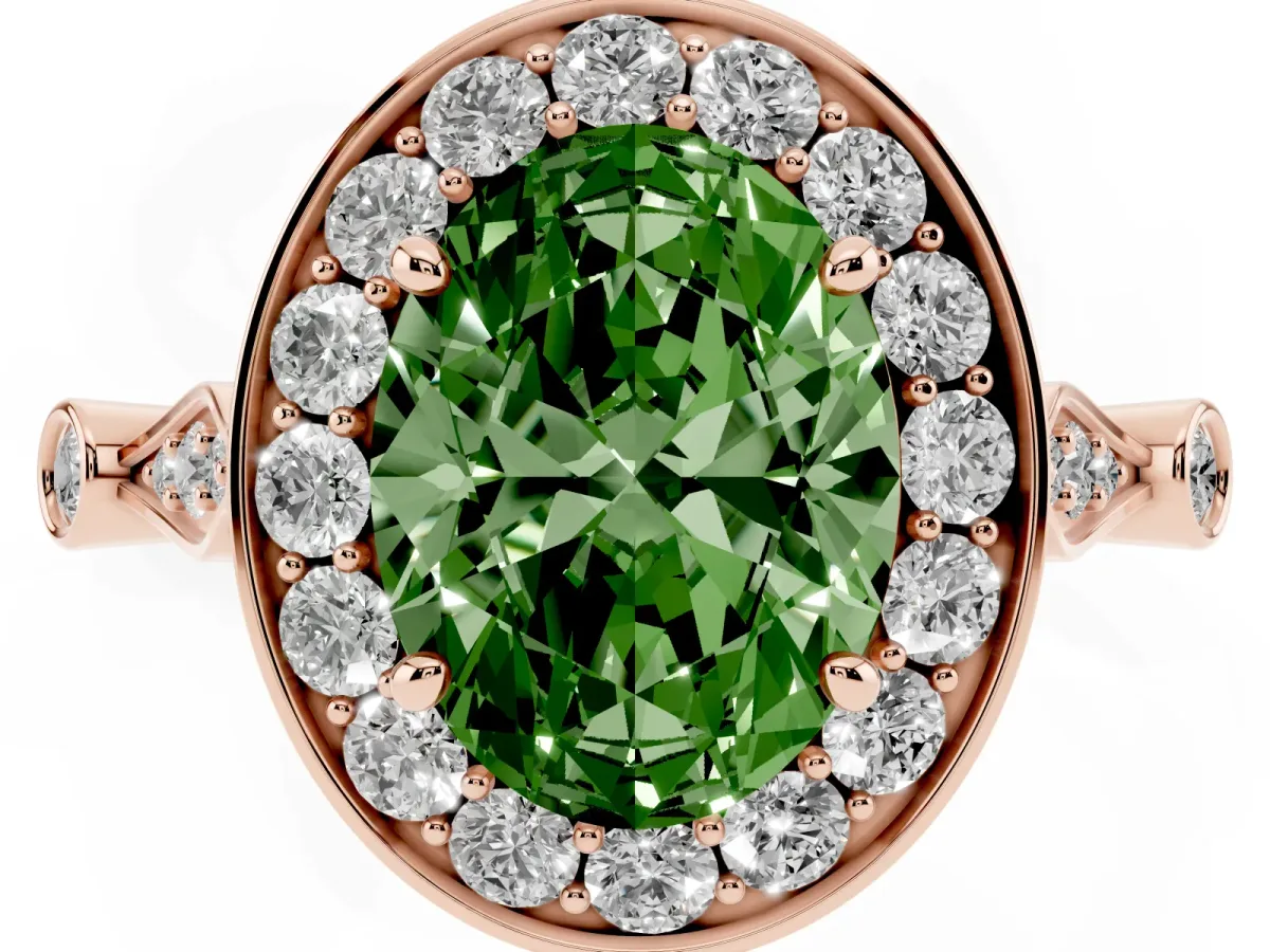 Fancy Green Oval Cut Halo Diamond Engagement Ring with Twisted Band and Four-Prong Setting Rose gold