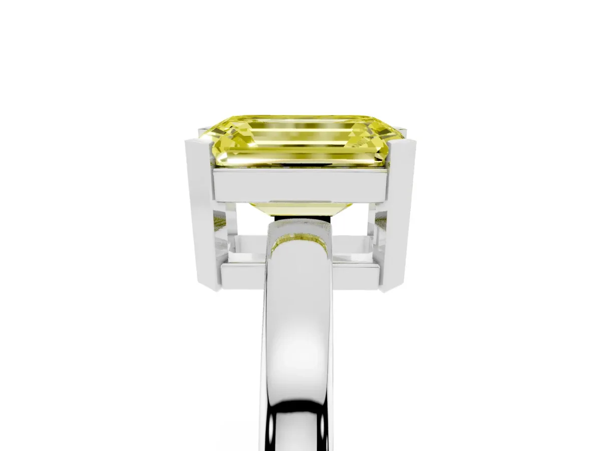 Fancy Yellow Emerald Cut Cut Solitaire Ring with Four-Prong Setting and Classic Band Silver