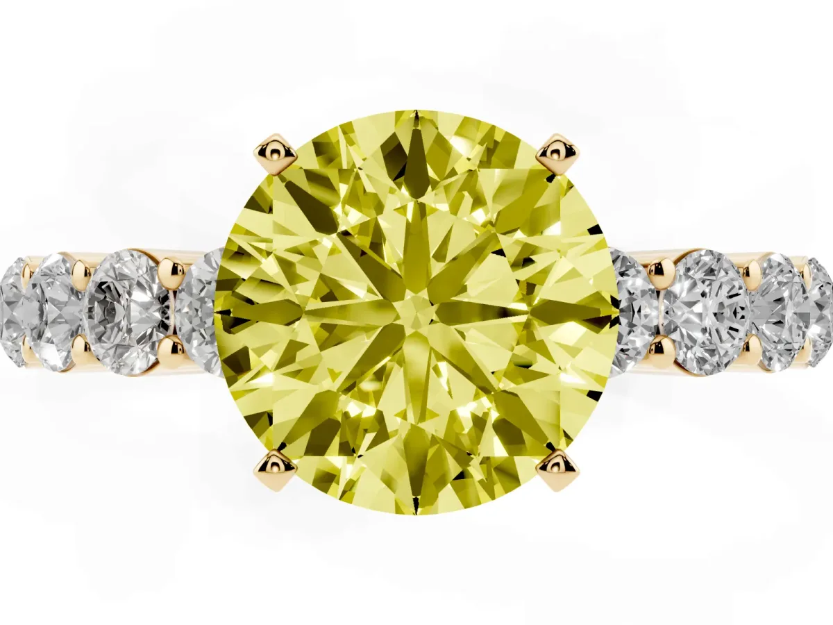 Fancy Yellow Round Cut Diamond Solitaire Ring with Shared Prong Round Side Stones Yellow gold