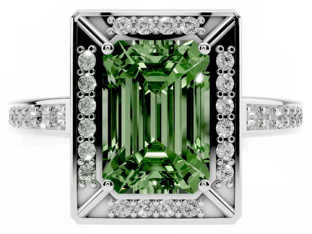 Fancy Green Emerald Cut Cut Halo Pave Split Shank Prong Setting Ring Silver