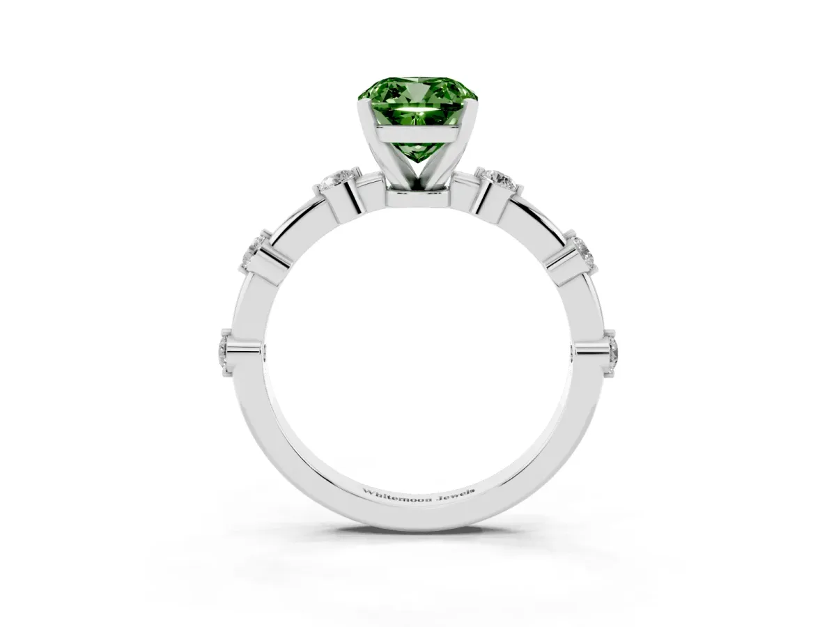 Fancy Green Cushion Cut Solitaire Diamond Ring with Bezel Set Side Stones and Prong Setting Silver