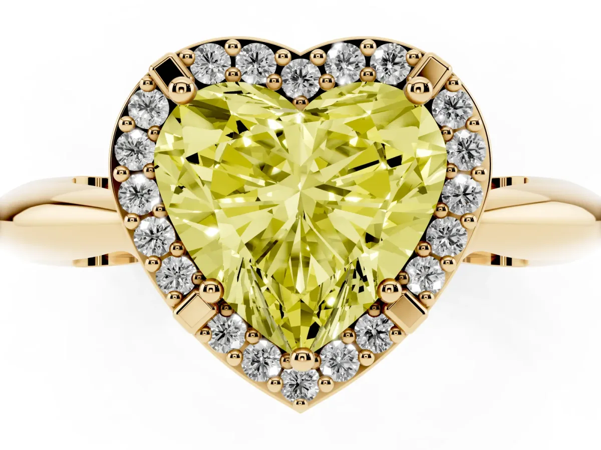 Fancy Yellow Heart Cut Cut Diamond Halo Engagement Ring with Split Shank and Four-Prong Setting Yellow gold