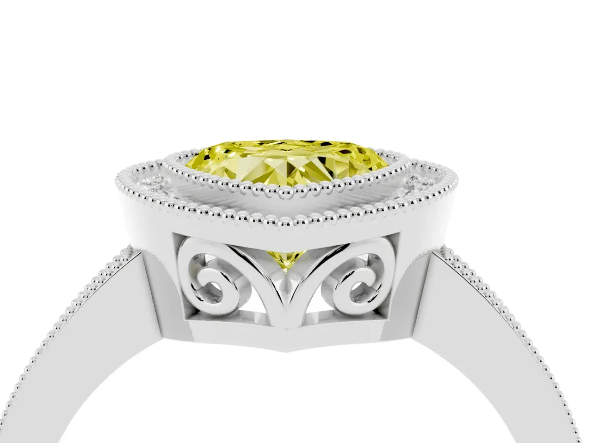 Fancy Yellow Heart Cut Cut Halo Diamond Ring with Pavé Band and Milgrain Prong Setting Platinum