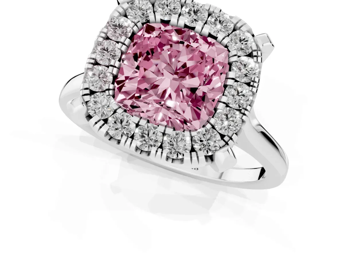 Fancy Pink Cushion Cut Diamond Cluster Halo Solitaire with Four-Prong Setting Silver
