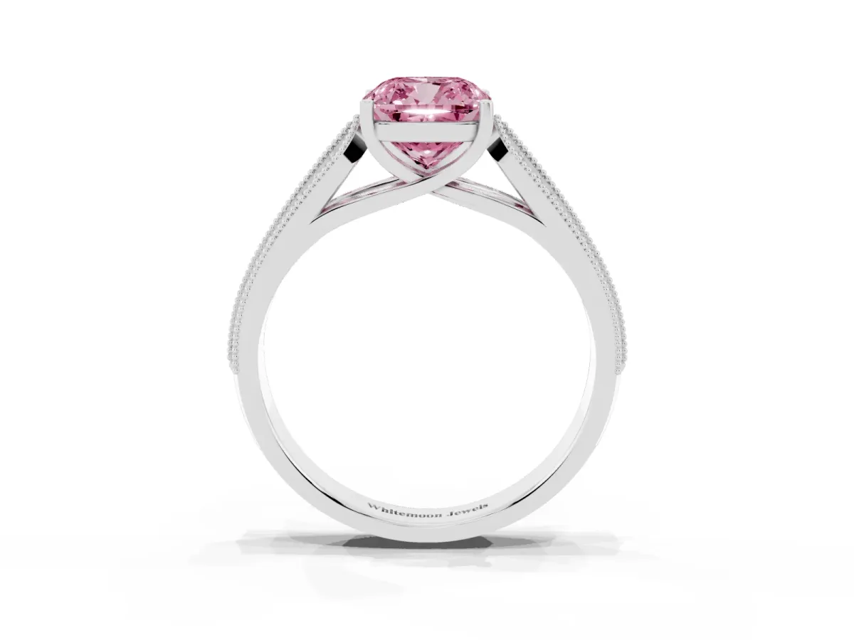 Fancy Pink Cushion Cut Cut Pave Split Shank Engagement Ring with Four-Prong Setting White gold