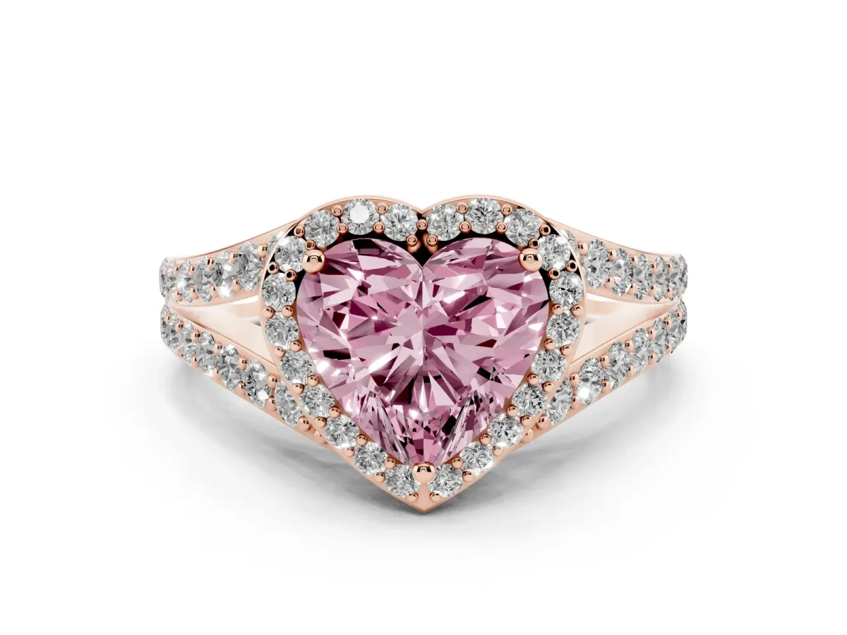 Fancy Pink Heart Cut Diamond Split Shank Halo Ring with Four-Prong Setting Rose gold
