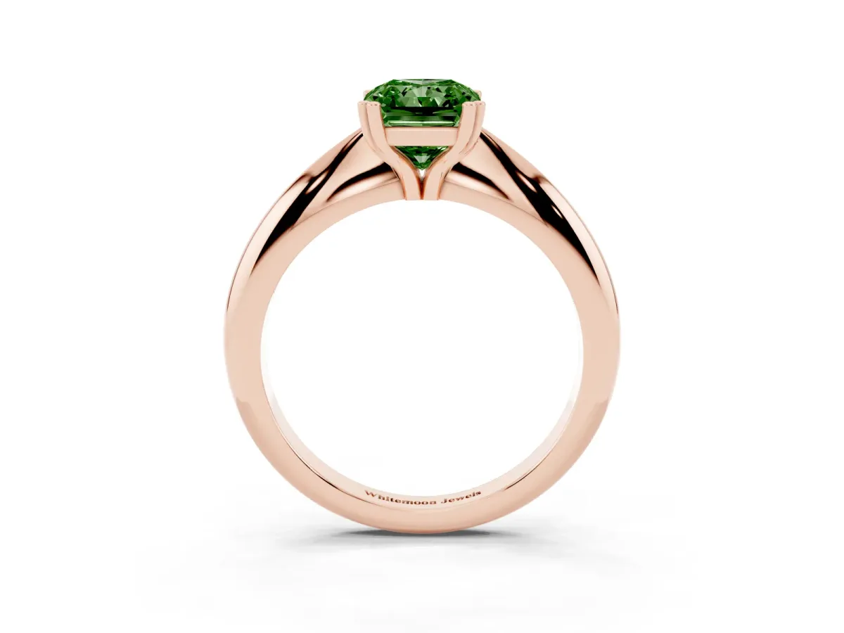 Fancy Green Radiant Cut Cut Solitaire Engagement Ring with Tapered Band and Four-Prong Setting Rose gold