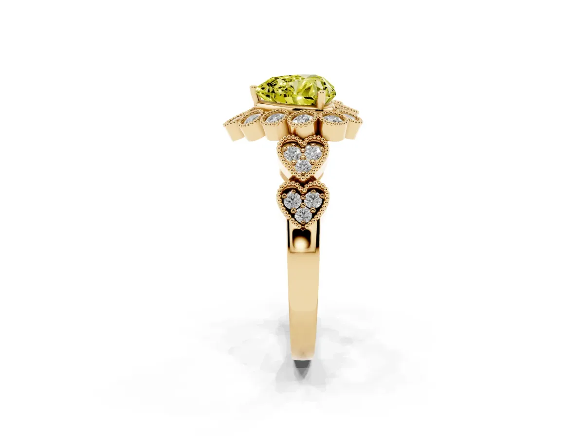 Fancy Yellow Heart Cut Brilliant Milgrain Pave Heart Band Solitaire Ring Yellow gold
