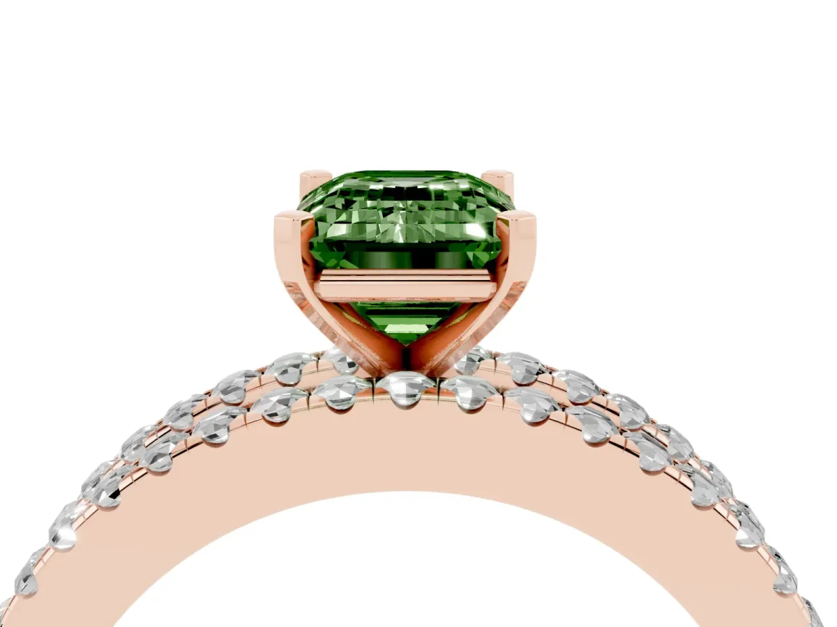 Fancy Green Emerald Cut Diamond Solitaire Ring with Pavé and Channel Set Band Rose gold