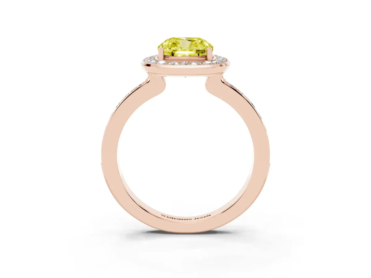 Fancy Yellow Cushion Cut Diamond Halo Ring with Bezel Frame and Pavé Band Rose gold