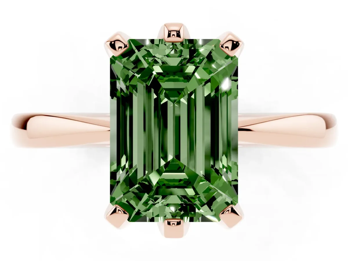 Fancy Green Emerald Cut Solitaire Engagement Ring with Six-Prong Setting and Tapered Band Rose gold