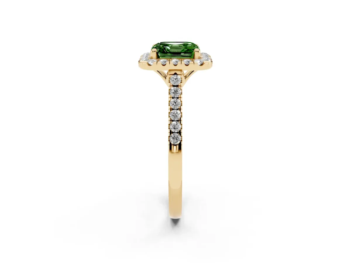 Fancy Green Asscher Cut Halo Pavé Diamond Engagement Ring with Four-Prong Setting Yellow gold