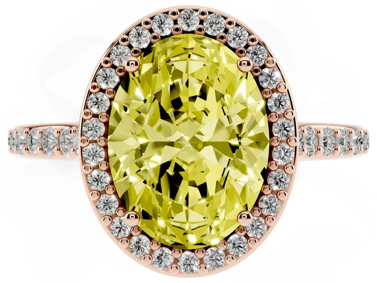 Fancy Yellow Oval Cut Diamond Halo Engagement Ring with Round Pavé Shoulders and Prong Setting Rose gold