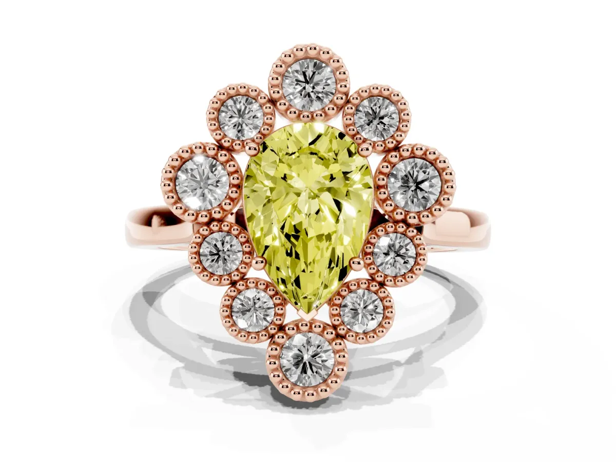 Fancy Yellow Pear Cut Halo Diamond Cluster Engagement Ring with Milgrain Bezel Setting and Solitaire Band Rose gold