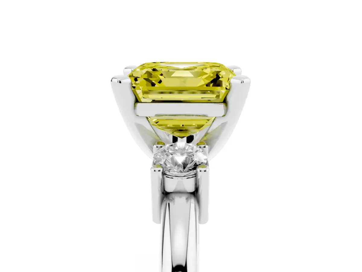 Fancy Yellow Three-Stone Asscher Cut Cut Diamond Solitaire with Prong Setting and Classic Band Silver