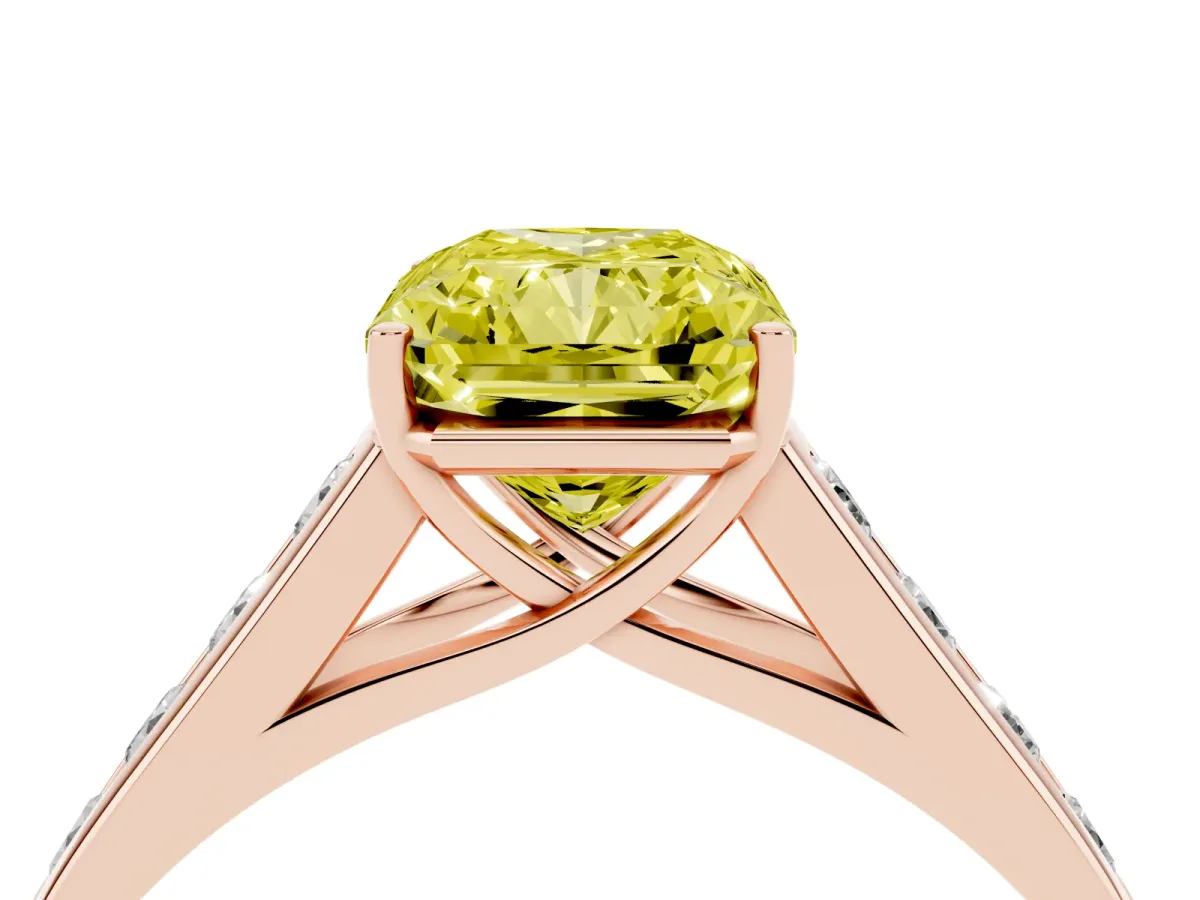 Fancy Yellow Radiant Cut Brilliant Channel-Set Solitaire Ring with Four-Prong Setting Rose gold