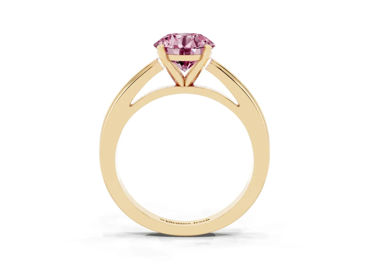 Fancy Pink Round Cut Solitaire Diamond Ring with Four-Prong Setting and Classic Band Yellow gold