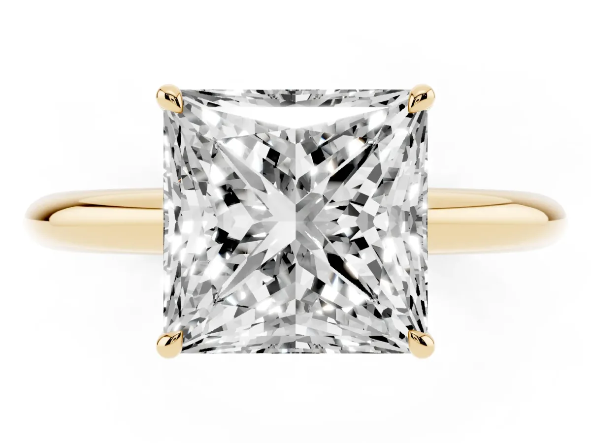 Princess Cut Brilliant Solitaire Engagement Ring with Six-Prong Setting and Classic Band Yellow gold