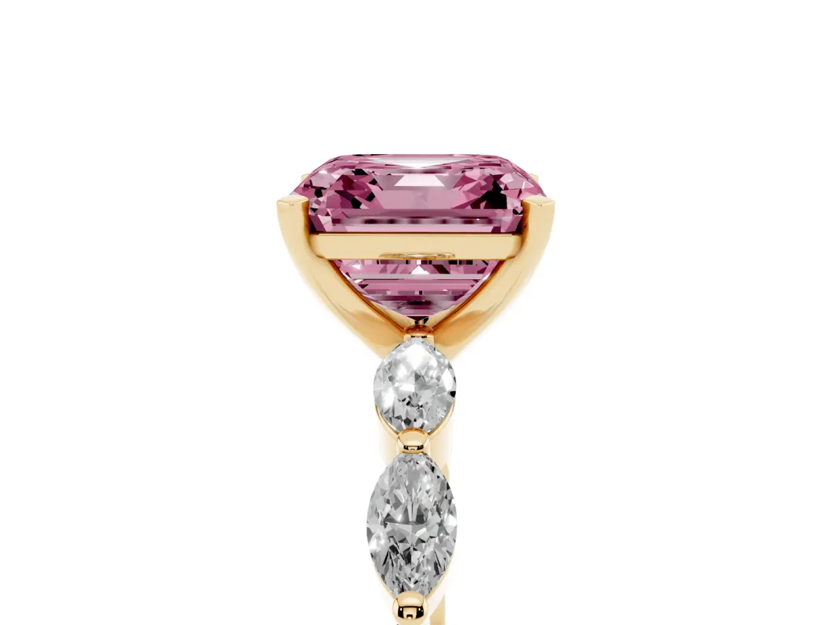 Fancy Pink Asscher Cut Diamond Ring with Marquise Side Stones and Prong Setting Yellow gold