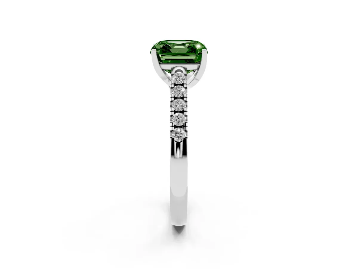 Fancy Green Asscher Cut Diamond Pavé Band Solitaire Ring with Prong Setting Platinum
