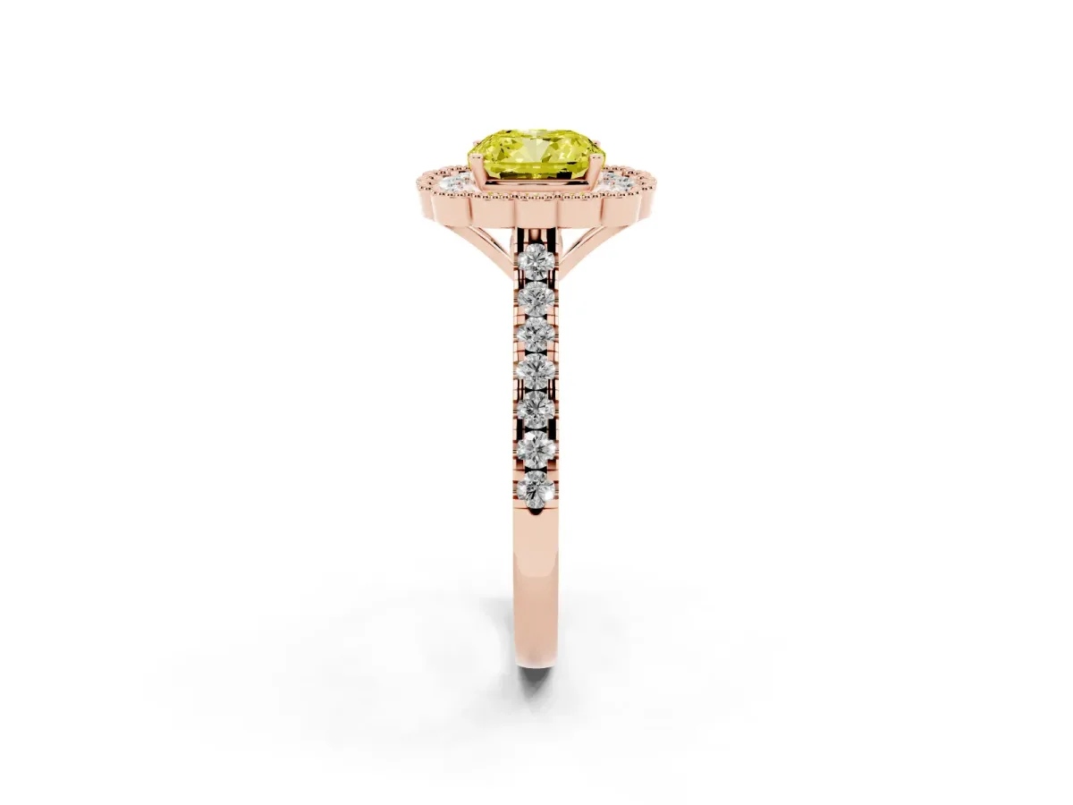 Fancy Yellow Cushion Cut Cut Diamond Milgrain Floral Halo Engagement Ring with Pavé Band Rose gold