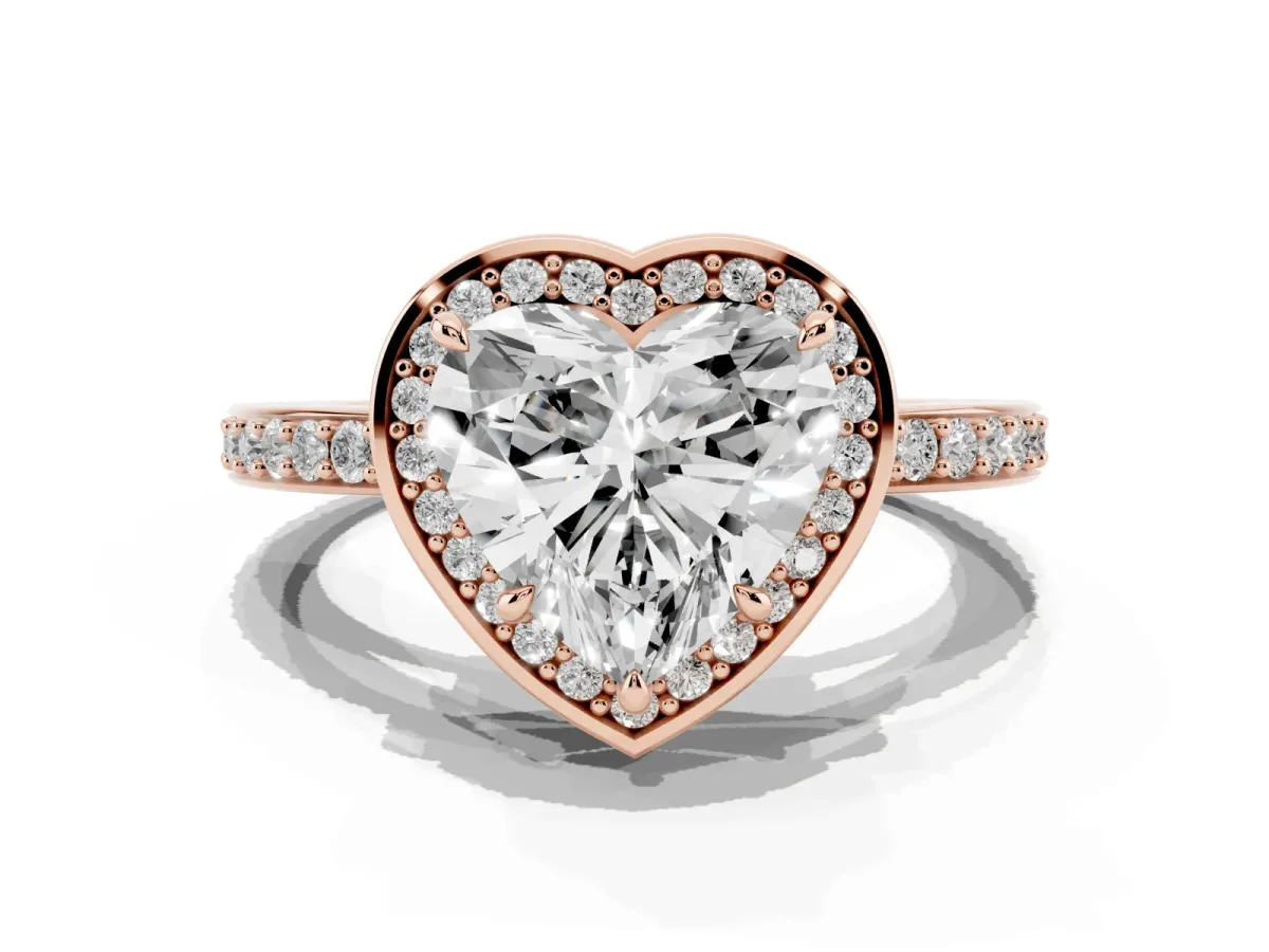 Heart Cut Halo Pave Band Solitaire Ring with Prong Setting Rose gold